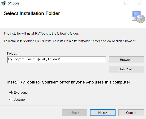 RVTools Windows installer Select Installation Folder step showing the default folder and Everyone or Just me options.