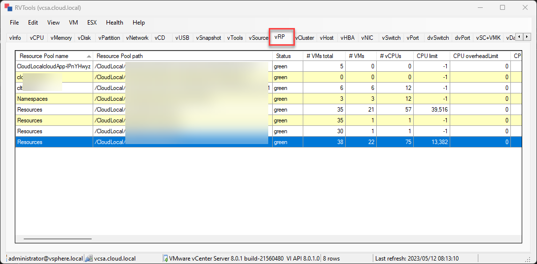 RVTools vRP resource pool hierarchy worksheet example